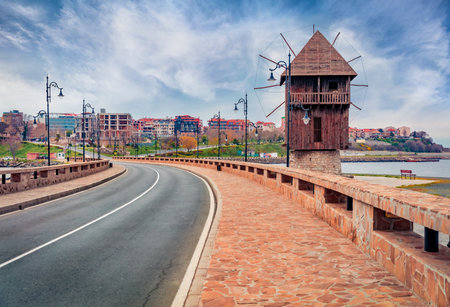 Marvelous morning scene of Old Town of Nessebar with old wooden windmill. Wonderful spring scene of Bulgaria, Europe. Travel concept background.の写真素材