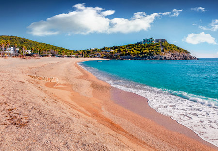 Marvelous summer view of empty Jale Baech. Beautiful morning scene of Albania, Europe. Attractive summer seascape of the Adriatic sea. vacation concept background.の写真素材