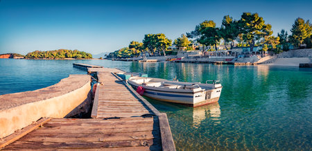 Calm spring view of Ksamil resort. Azure morning seascape of Ionian sea. Amazing landscape of Albania, Europe. vacation concept background.の写真素材