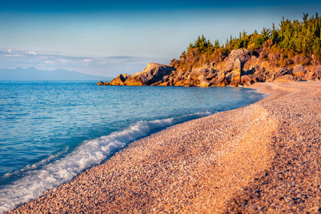 Beautiful spring view of empty Livadhi beach, Himare village location. Colorful morning scene of Albania, Europe. Impressive seascape of the Adriatic sea. vacation concept background.の写真素材