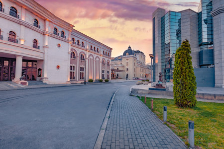 Charm of the ancient cities of Europe. Old and modern building in Skopje town. Colorful spring sunset in capital of North Macedonia, Europe. Travel concept background.の写真素材
