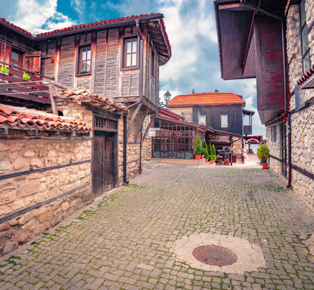 Empty street of Old Town of Nessebar. Splendid spring scene of Bulgaria, Europe. Travel concept background.の写真素材