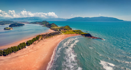 aerial landscape photography. Splendid summer view from flying drone of Zvernec Beach. Beautiful...
