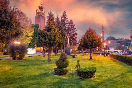 Impressive evening cityscape of Bitola city with tower hall. Picturesque sunset in North Macedonia, Europe. Travel concept background.の写真素材