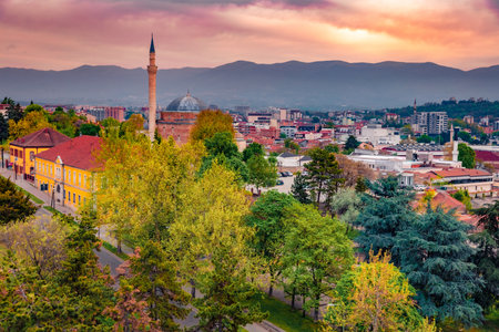 Colorful morning cityscape of Skopje town. Amazing sunrise in North Macedonia, Europe. Travel concept background.の写真素材