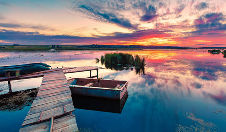 Calm evening scene of fishing lake. Stunning summer sunset on Ivachiv lake, Ternopil region location, Ukraine, Europe. beauty of nature concept background.の写真素材