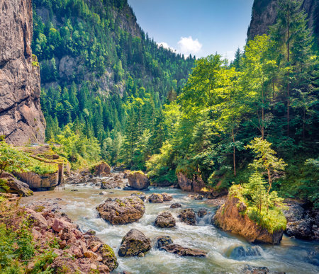 Colorful summer view of Bicaz river. Splendid morning scene of Harghita County, Romania, Europe. Travel concept background.の写真素材