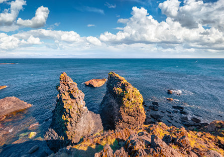 Two cliffs on the shore of small fishing village Arnarstapi or Stapi, Iceland, Europe. Stunning summer seascape of Atlantic ocean. Travel concept background.の写真素材