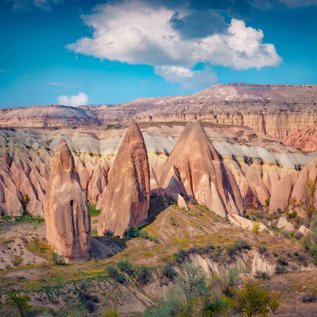 Fabulous spring scene of Cappadocia. Captivating morning view of Red Rose valley in April. Cavusin village located, district of Nevsehir, Turkey, Asia. beauty of nature concept background.の写真素材