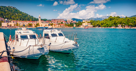 Streets of the resort town Ploche are completely empty during lunchtime. Bright morning seascape of the Adriatic Sea, Croatia, Europe. Beautiful world of Mediterranean countries.の写真素材
