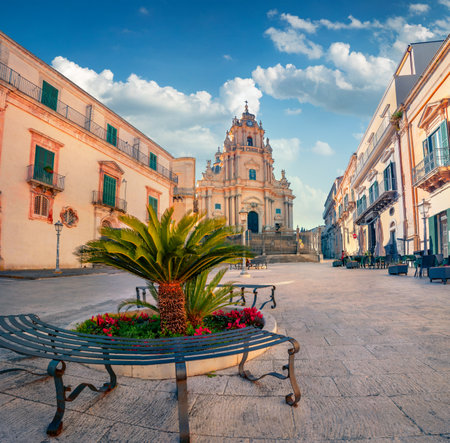 Stunning spring scene of Piazza Duomo with Duomo San Giorgio - baroque Catholic church. Attractive morning cityscape of Ragusa, Sicily, Italy, Europe. Travel concept background.の写真素材