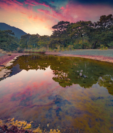 Stunning sunrise on small estuary in Tekirova village. Dramatic summer scene of Mediterranean coast in Turkey, Asia. beauty of nature concept background.の写真素材