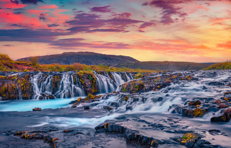 Attractive summer view of Bruarfoss Waterfall. Picturesque sunset in Iceland, Europe. beauty of nature concept background.の写真素材
