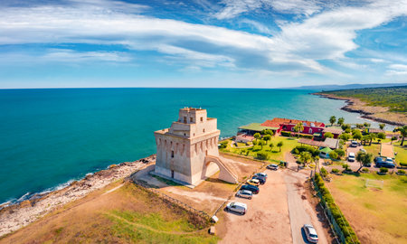 Attractive summer view from flying drone of Torre Mileto tower. Spectacular morning scene of Apulia, Italy, Europe. Travel concept background.の写真素材
