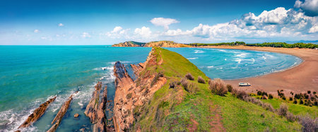 Panoramic summer view of Dalan and Voge hiking area. Wonderful morning seascape of the Adriatic sea. Sunny outdoor scene of Albania, Europe. beauty of nature concept background.の写真素材