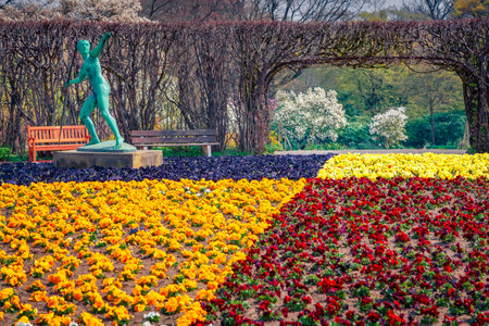 Red and yellow flower bed in botanical garden of Essen town. Colorful spring scene of Germany, Europe. Beauty of nature concept background.の写真素材