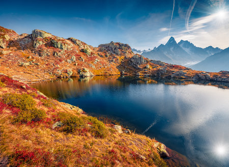 Breathtaking autumn view of Chesery lake (Lac De Chesery), Chamonix location. Attractive outdoor scene of Vallon de Berard Nature Preserve, Graian Alps, France, Europe.の写真素材