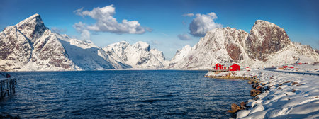 Bright winter seascape of Norwegian sea. Panoramic morning view of Hamnoy village, Lofoten Islands. Stunning outdoor scene of Norway, Europe. beautiful winter scenery.の写真素材