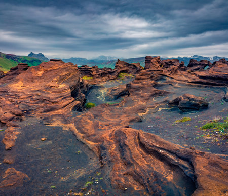 Exotic Icelandic landscape on south coast of Iceland. Fantastic summer scene of volcanic surface. beauty of nature concept background.の写真素材