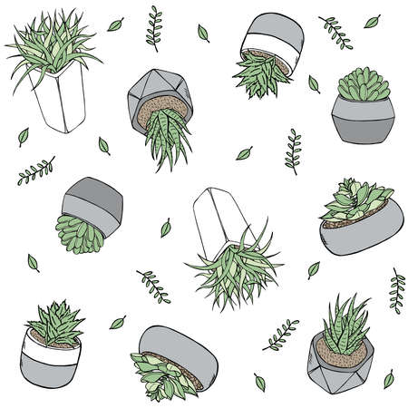 Botanical Seamless Pattern Doodle style illustration in vector format. Hand drawn Plants in potsのイラスト素材