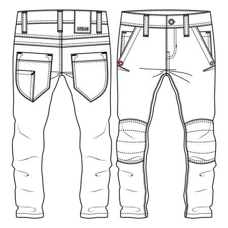 Men Boys Urban Look Pant fashion flat sketch template. Technical Fashion Illustration. Woven CAD. Slim fit. Cut and sew at Kneesのイラスト素材