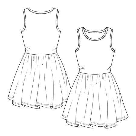 Girls Sleeveless Summer dress flat sketch fashion template. Teen Knit dress Technical Fashion Illustration.のイラスト素材