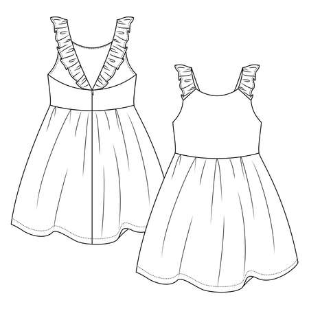 Baby Girls Summer dress flat sketch template. Infant Girls Technical Fashion Illustration. Back Zipper Opening. Frill Strapsのイラスト素材