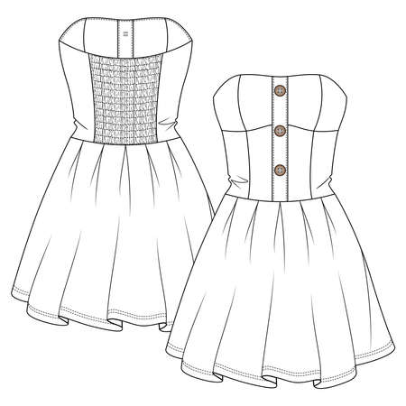 Women Mini Tube Bandeau Dress flat sketch fashion template. Girls Technical Fashion Illustration. Large Buttons at front. Back Elastic Smocking Effect. Flare Pleated Bottom skirtのイラスト素材