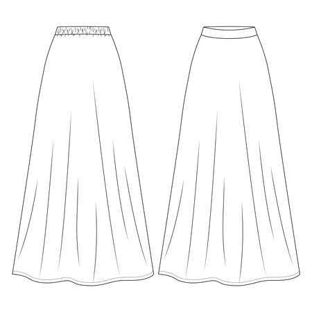 Women Long Maxi Length Skirt fashion flat sketch template. Girls Technical Fashion Illustration. A-Line with elastic at backのイラスト素材
