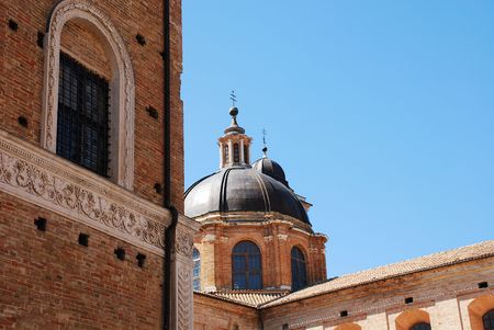 Historic brick buildings in the old university town of Urbino, Italy の写真素材