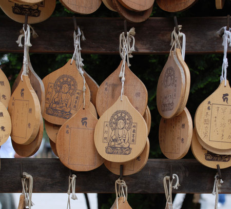 Ema, small wooden plaques onto which worshippers write wishes or prayers, at Senso-Ji Temple in Tokyo のeditorial素材
