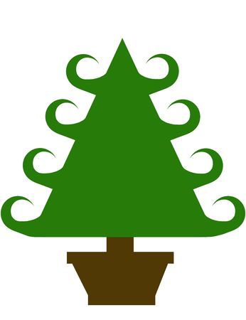 A green Christmas tree design with curled branches in a brown pot の写真素材