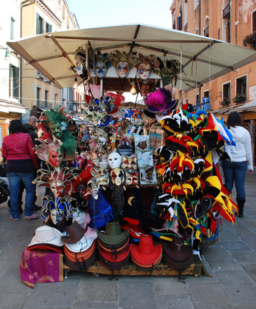 Venice, Italy, 02.21.09: A stall selling a variety of masks and other carnival items at the Venice Carnivalのeditorial素材