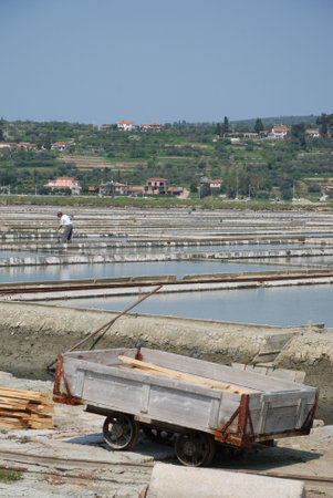 Seca, Slovenia, 04.15.09: A man works in a salt flats crystallization field near Secaのeditorial素材