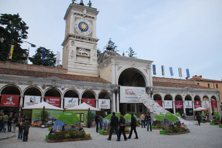 Udine, italy, 09.21.08: Exhibits in Piazza della Liberta during the annual Friuli Doc festival which celebrates the food, drink and craft of the regionのeditorial素材