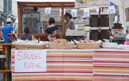 A strudel stall during the 2011 annual Friuli Doc (Udine, Italy, 17th September 2011) celebration of locally produced food, drinks and craftsのeditorial素材