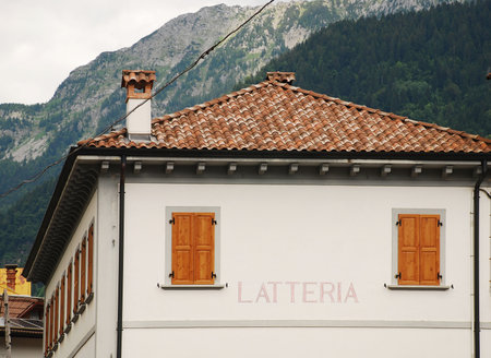 The sign on the side of an old Italian のeditorial素材
