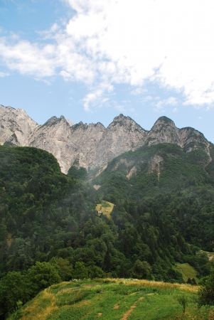 A view of the Carnic Alps near Paularo in the north eastern Italian region of Friuliの写真素材