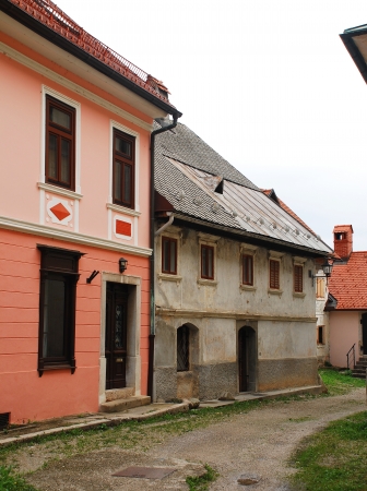 Historic building in the medieval Slovenian town of Skofja Lokaの写真素材