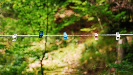 Five plastic clothes pegs on a rope washing line in a forested area of Sloveniaの写真素材