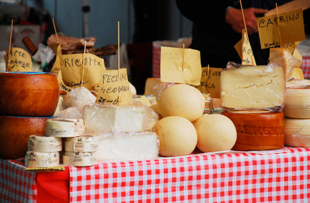 Gorizia, Italy - April 5th 2014. A variety of different cheeses are displayed for sale on an exterior cheese stall at the annual Pollice Verde gardening exhibitionのeditorial素材