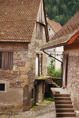 Buildings in the village of Pesariis in the Prato Carnico municipality of Carnia, Friuli, north east Italy. の写真素材
