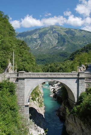 Napoleon Bridge outside the Slovenian village of Kobarid in the north west Littoral region. The bridge spans a gorge in the Soca Valley where the River Soca Isonzo flows.の写真素材