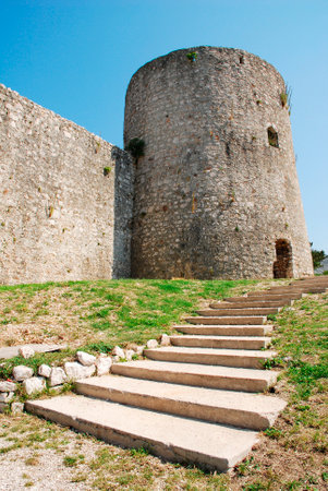 This Frankopan castle near Bakar in Croatia was built in the Middle Ages between the 13th and 18th centuries, and has a rectangular layout with circular corner towers.のeditorial素材