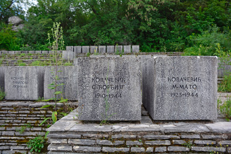 Grahovo, Montenegro - June 28th 2016. A communist-era war memorial to the dead partisans of World War Two in Grahovo in Montenegro. The park is named Memorial Park to the Uprising and the Revolution.のeditorial素材