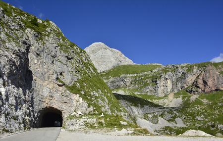 The alpine scenery along the Mangrt Road on Mangrt mountain, the third highest peak in Slovenia. The 12km road, built by the Italian army in 1938, is the highest road in Slovenia.の写真素材