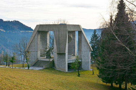 Drazgose, Slovenia - December 25th 2016. The Drazgose Spomenik World War Two memorial which stands outside of the village of Drazgose. The memorial commemorates the 1942 Battle of Drazgose.のeditorial素材