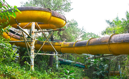 A water slide in an abandoned water park in south east asiaのeditorial素材