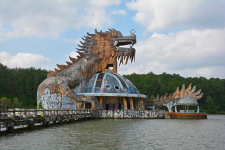 Hue, Vietnam - December 19th 2017. The dragon acquarium in the Ho Thuy Tien Water Park near Hue, which has been abandoned for over 15 yearsのeditorial素材