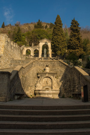 The Scalinata di Santa Augusta stairway in the historic town of Vittorio Veneto in the Veneto region of north east Italyのeditorial素材